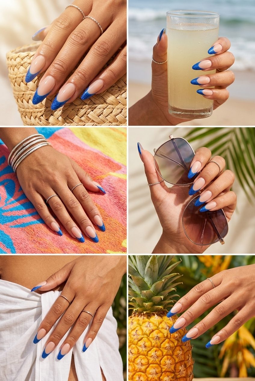 Blue Glitter French Tip Nails 2026: Bold & Electric Electric Blue Glitter French Tip nails: bold, glamorous trendy summer nails 2026 for events.