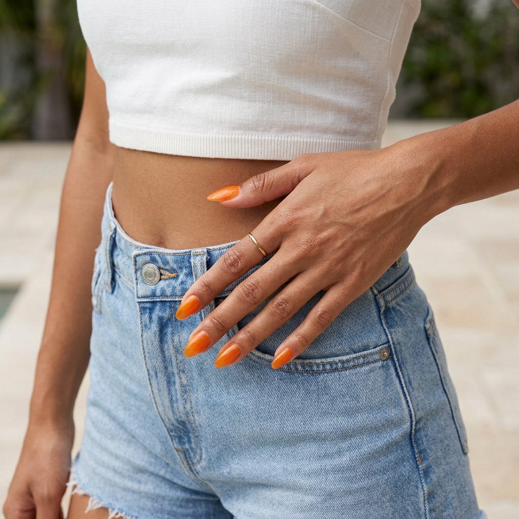 Trendy Summer Nails 2026: Juicy Orange Jelly Almond Juicy Orange Jelly Almond nails: vibrant translucent orange for trendy summer nails 2026, perfect for vacation.