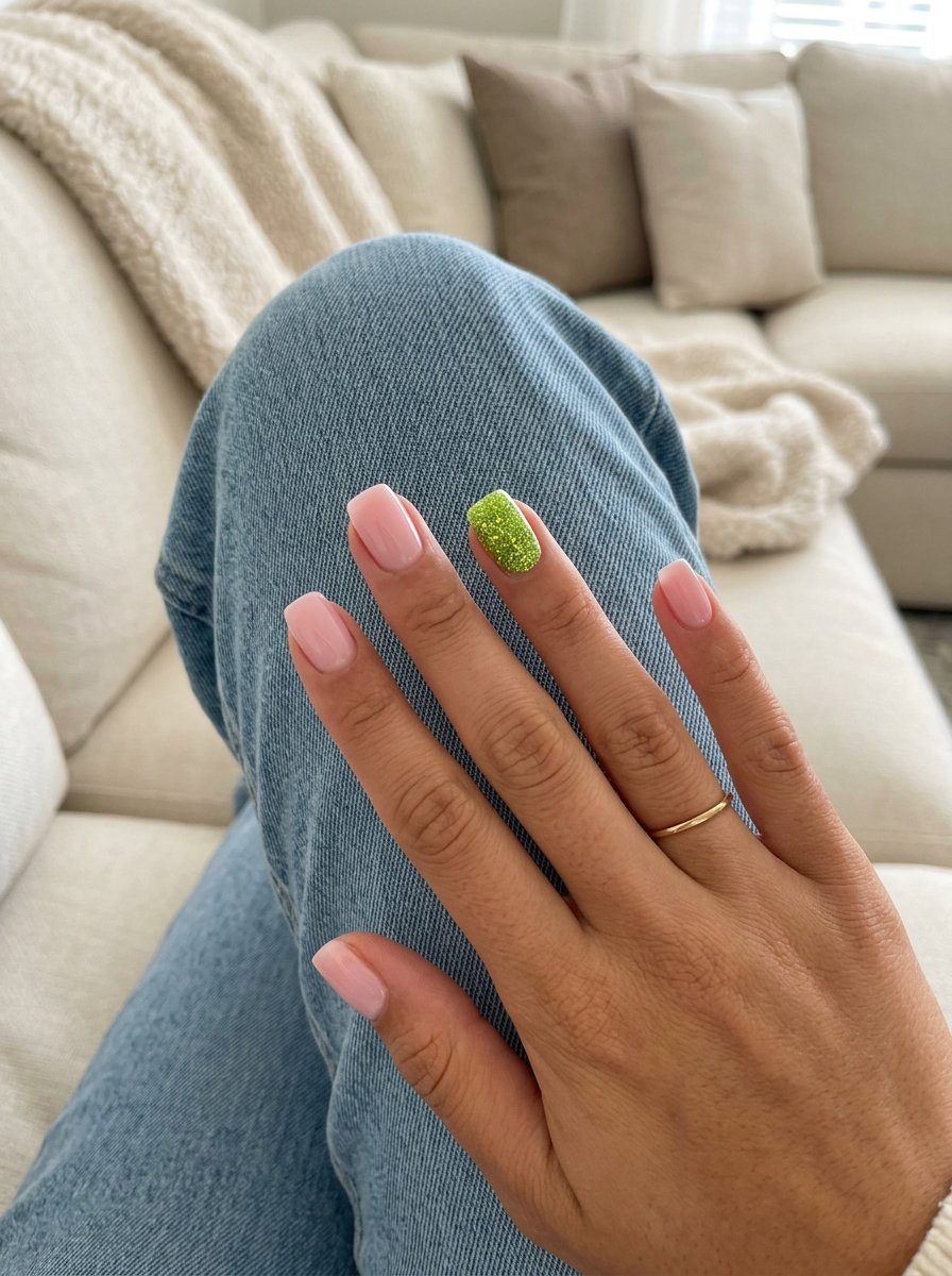 Trendy Summer Nails 2026: Lime Glitter Accent Zesty Lime Glitter Accent nails: playful sparkle for trendy summer nails 2026, great for festivals.