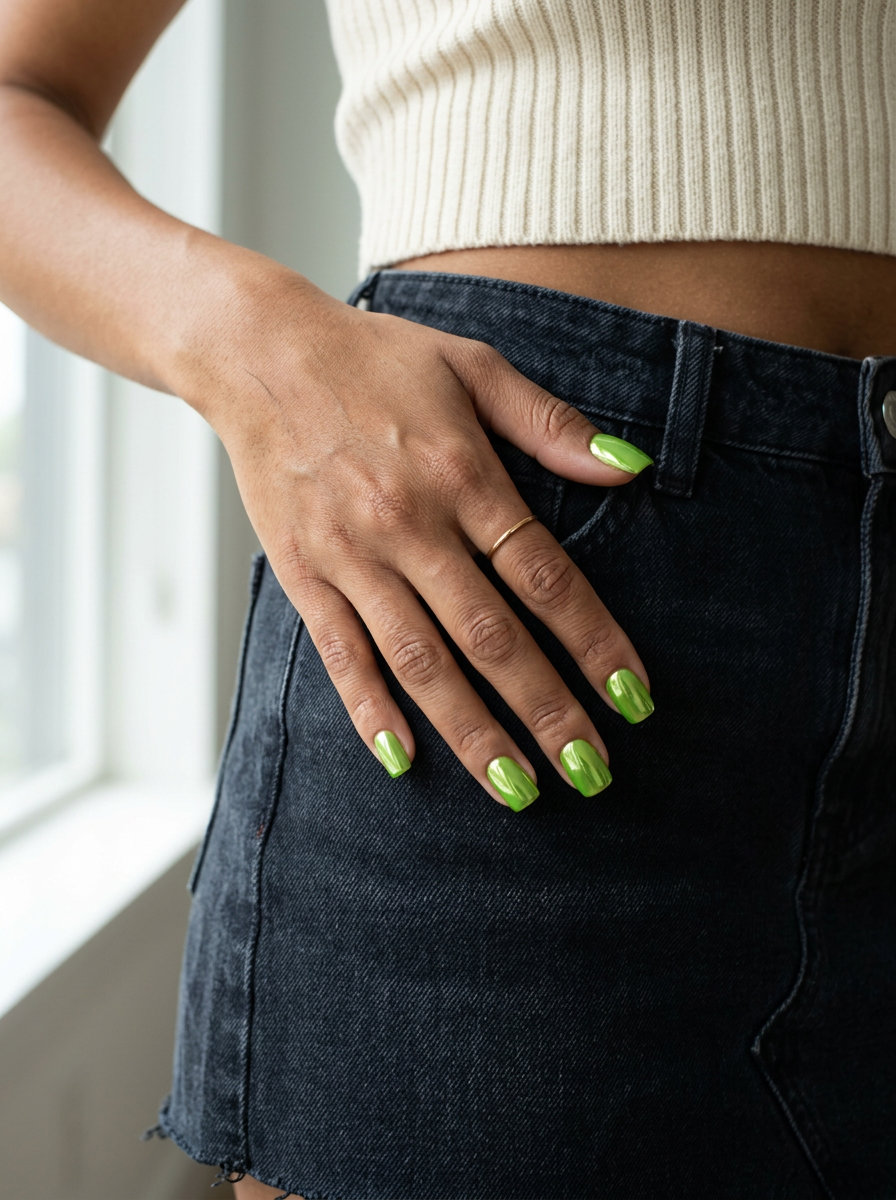 Trendy Summer Nails 2026: Lime Green Chrome Lime Green Chrome Soft Square nails: edgy, futuristic mirror finish for trendy summer nails 2026.