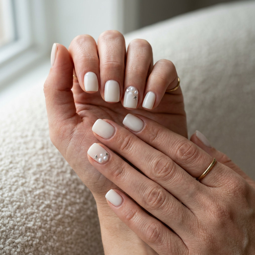 Trendy Summer Nails 2026: Milky White Pearl Milky White 3D Pearl Soft Square nails: elegant pearls for trendy summer nails 2026, ideal for bridal showers.