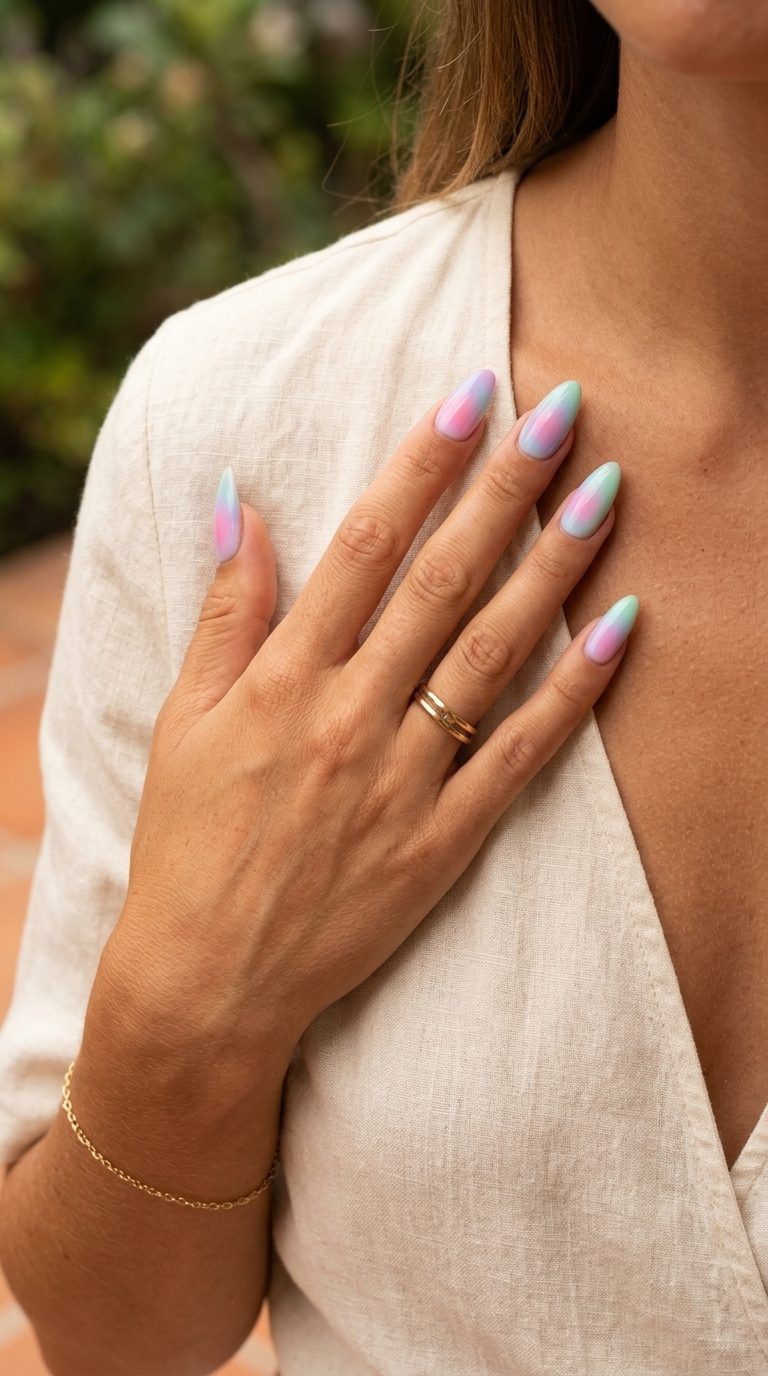 Trendy Summer Nails 2026: Pastel Aura Square Airbrushed Pastel Aura Square nails: dreamy blended pastels for trendy summer nails 2026, perfect for brunch.