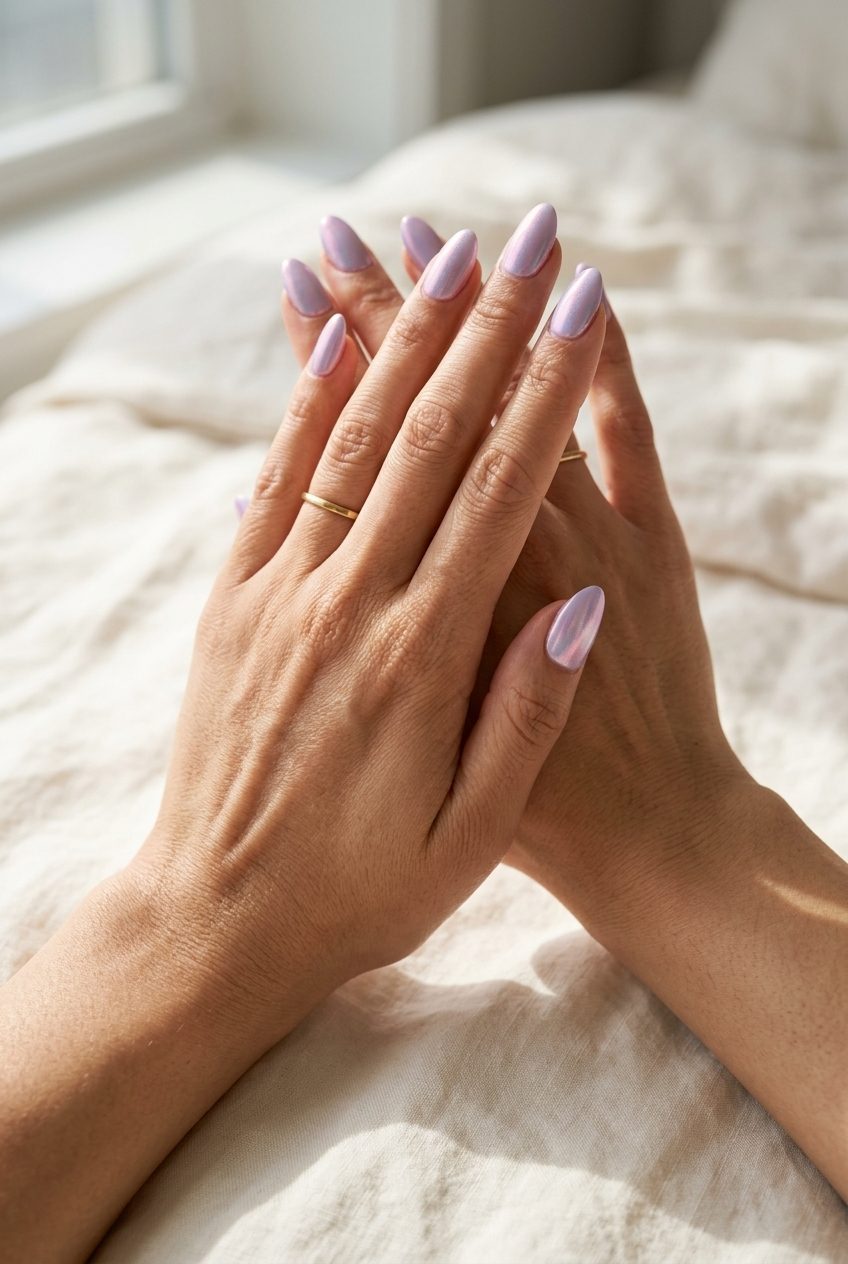 Trendy Summer Nails 2026: Pastel Lavender Chrome Pastel Lavender Chrome Almond nails: dreamy shifting chrome for trendy summer nails 2026, perfect for dates.