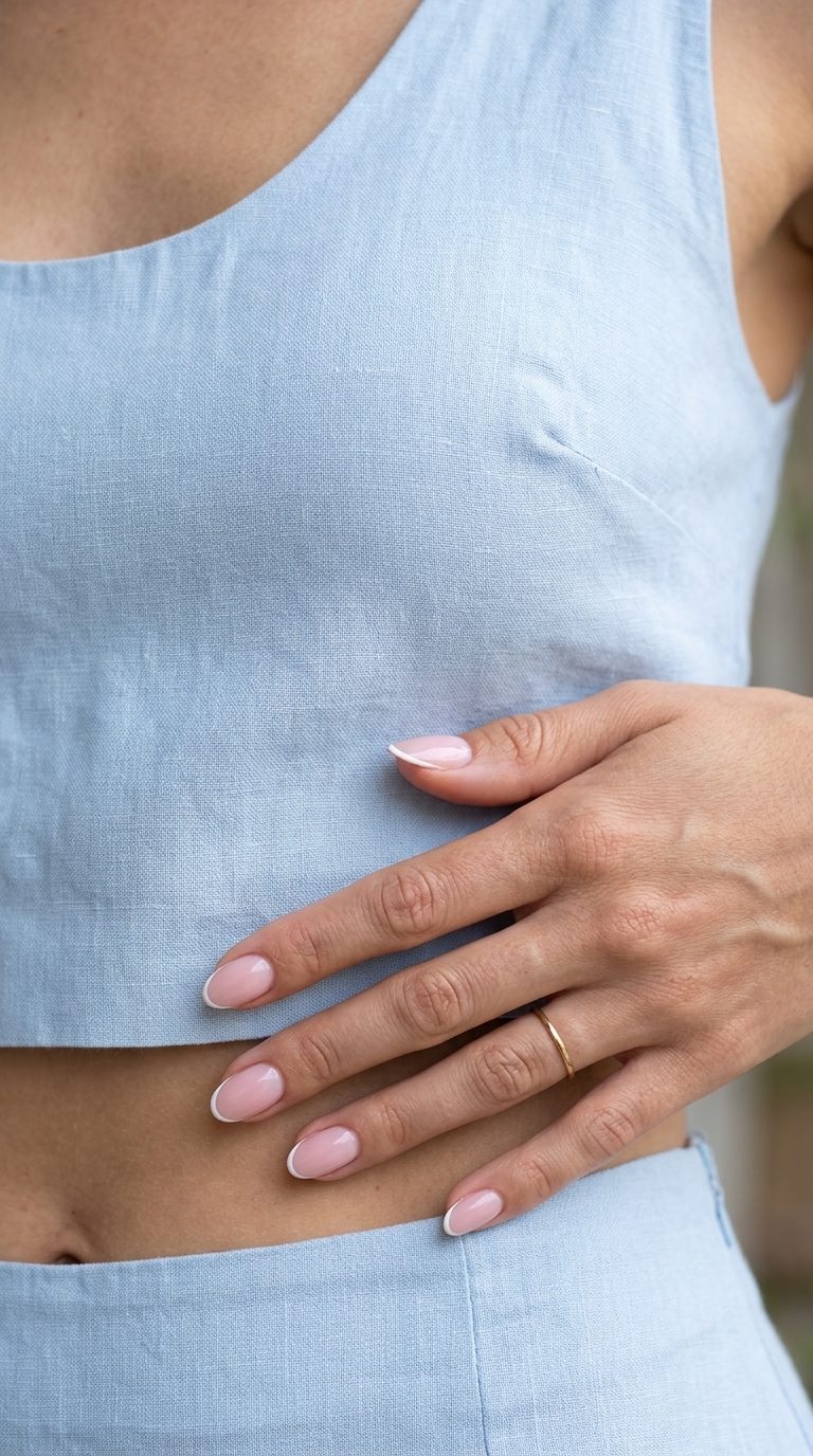 Trendy Summer Nails 2026: Sheer Pink Micro French Sheer Pink Milky Micro French: clean girl style for trendy summer nails 2026, office appropriate.