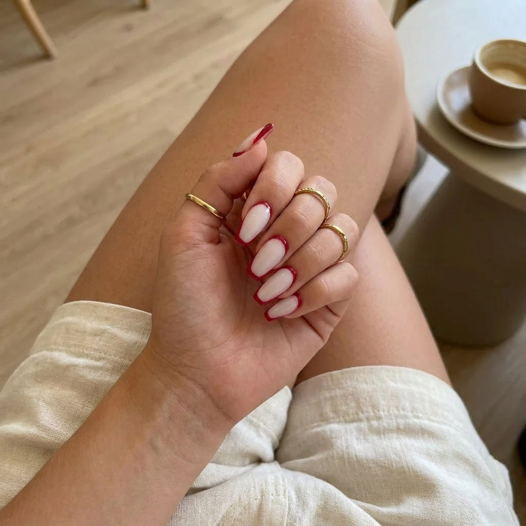 Sultry Red Reverse French Nails 2026 Sultry red reverse French nails for date nights or summer soirees. Trendy summer nails 2026.