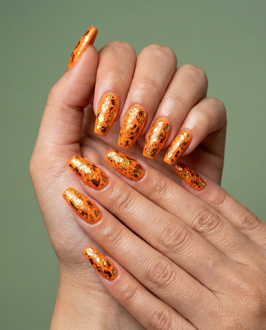 Sunset Fire Foil Flakes Nails 2026 Sunset fire foil flakes nails for festivals or vacations. Trendy summer nails 2026.