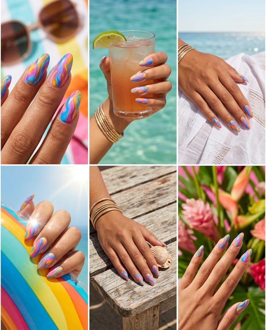 Tropical Marble Nails 2026: Vibrant Vacation Style Tropical Sunset Marble nails: vibrant, artistic trendy summer nails 2026 for vacations.