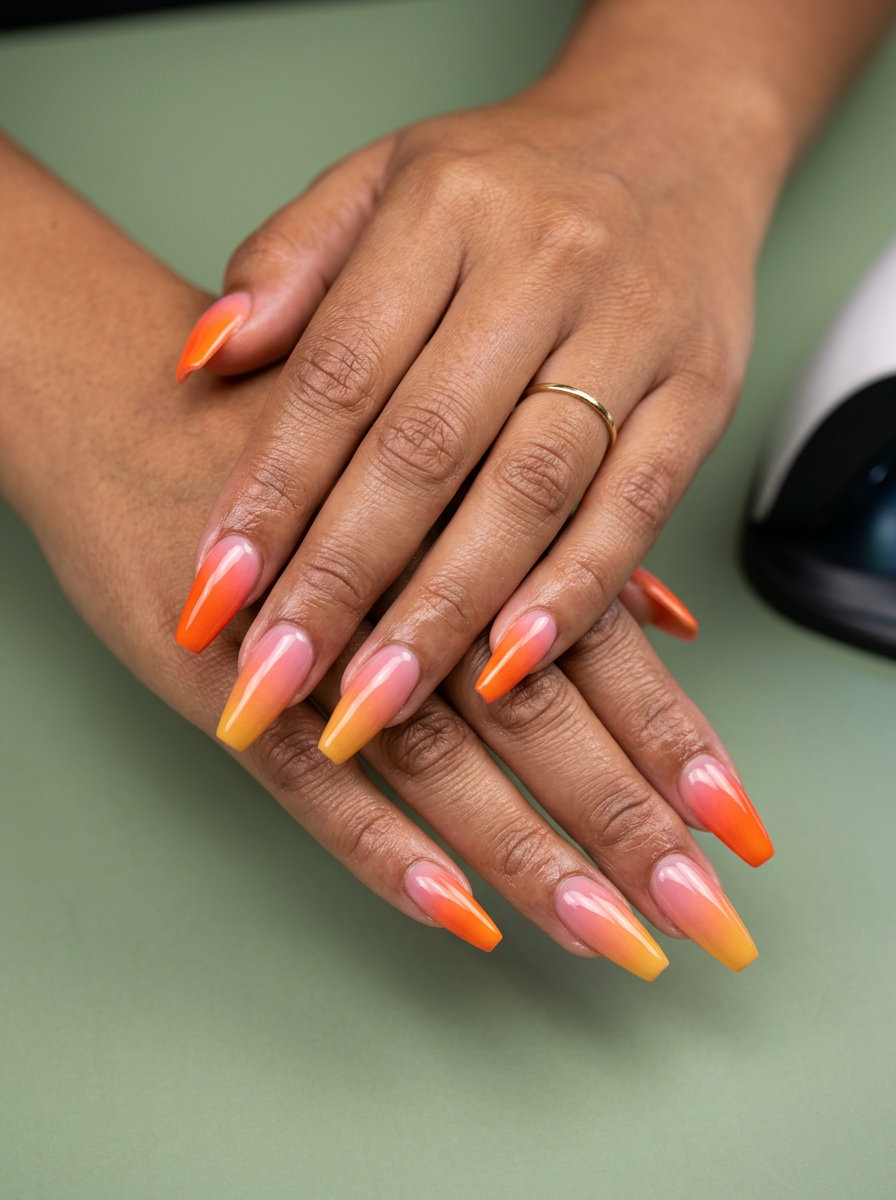 Tropical Sunset Ombre Almond Nails 2026 Tropical sunset ombre almond nails for vacations or summer parties. Trendy summer nails 2026.