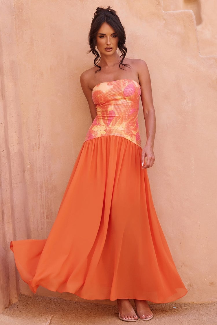 Vibrant Orange Sequin Bodice Maxi Dress — Trendy Sunset Outfit