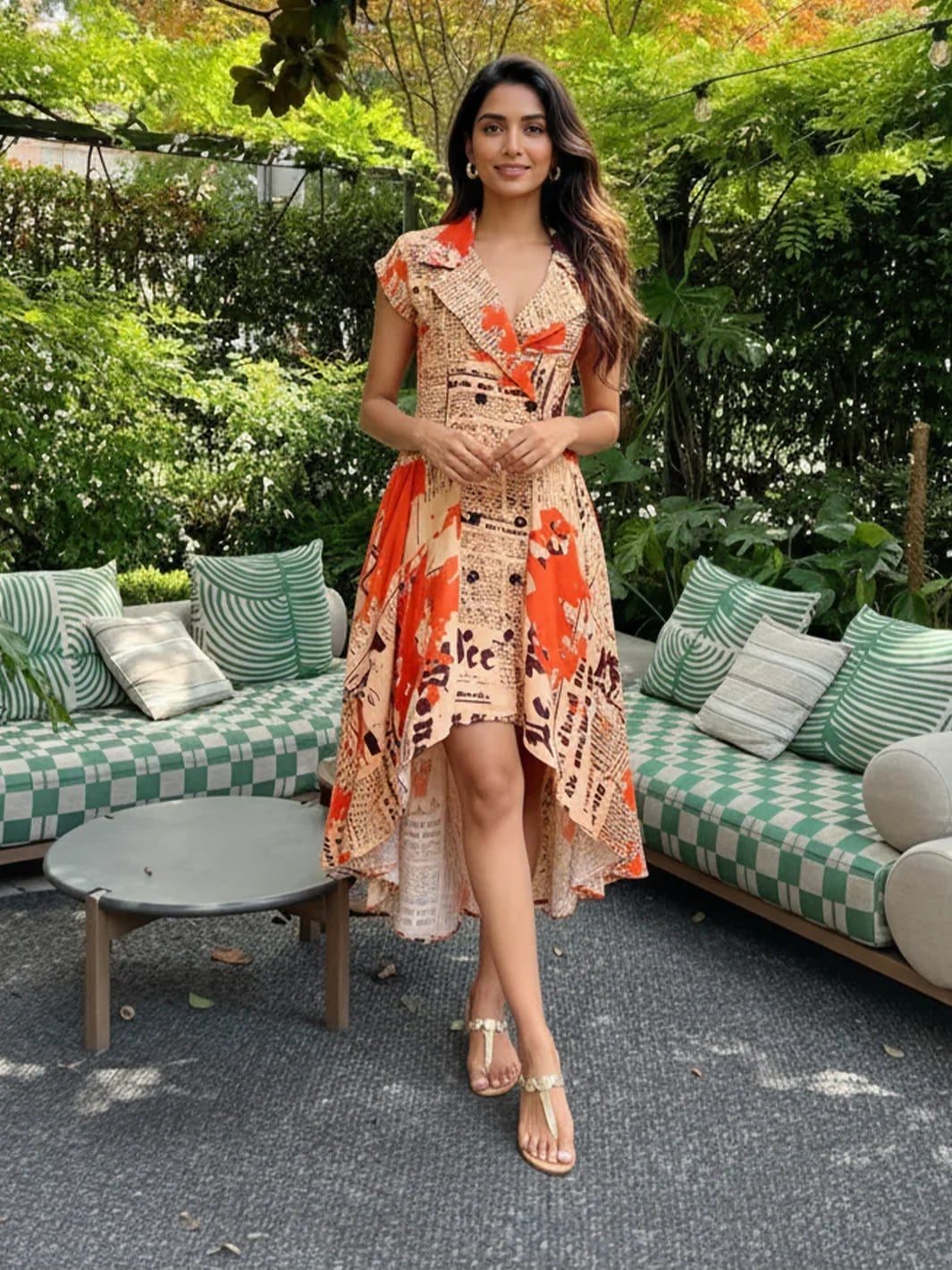 Newspaper Print Fit-And-Flare High-Low Dress — Trendy Sunset Outfit