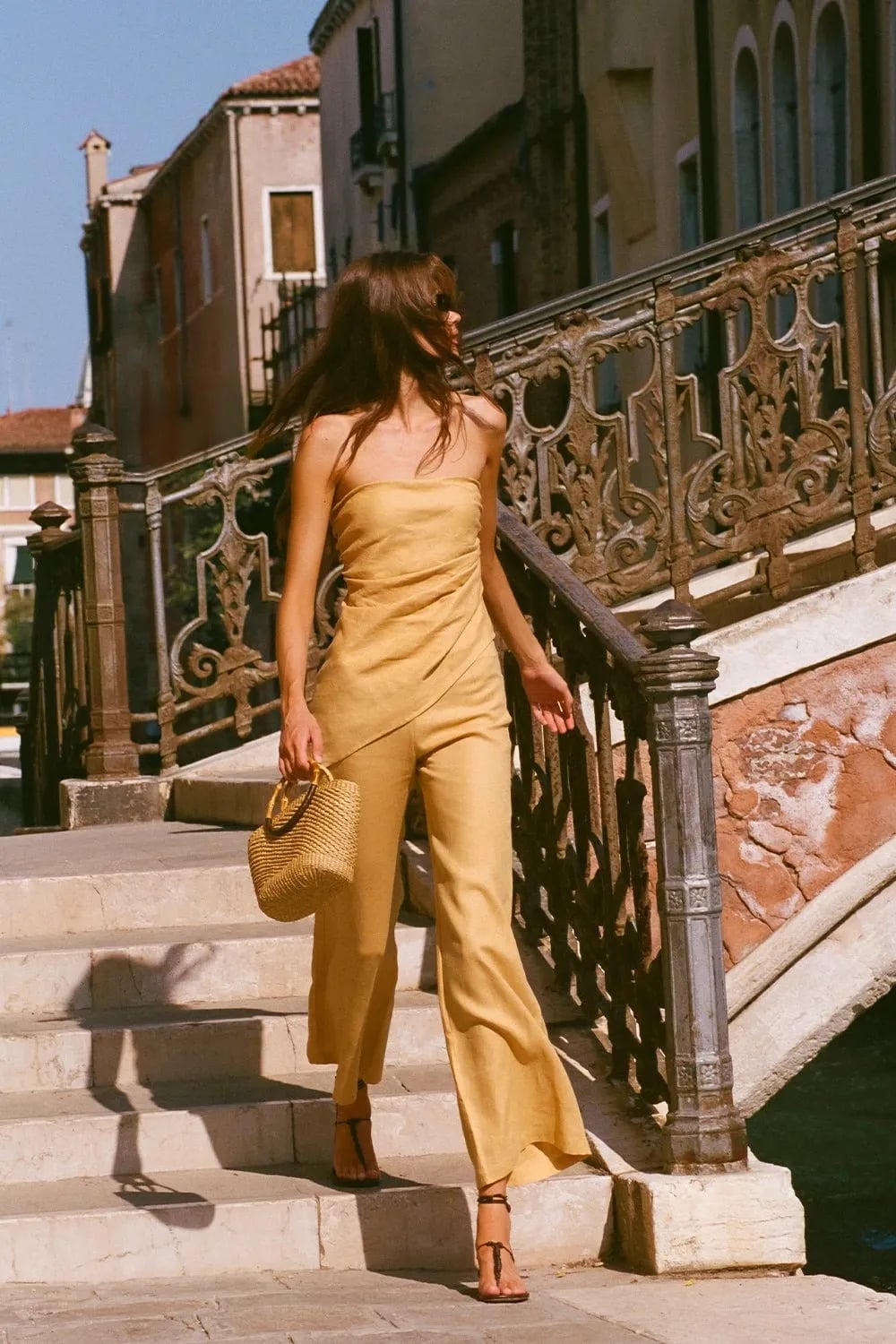 Yellow Linen Strapless Jumpsuit for Vacation — Trendy Sunset Outfit