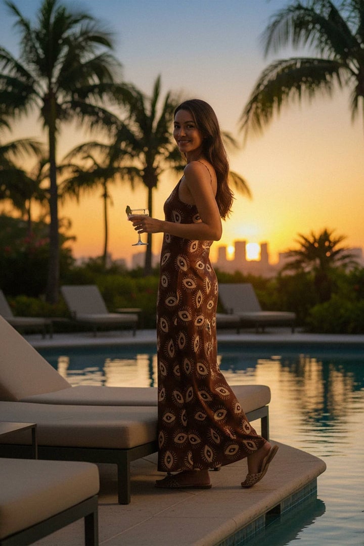 Orange Eye Print Maxi Dress by the Pool — Trendy Sunset Outfit