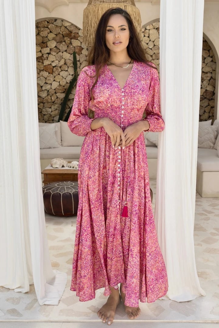 Pink and Orange Printed V-neck Maxi Dress — Trendy Sunset Outfit