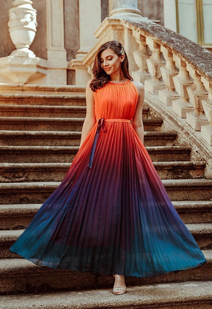 Ombre Gradient Pleated Chiffon Maxi Dress — Trendy Sunset Outfit