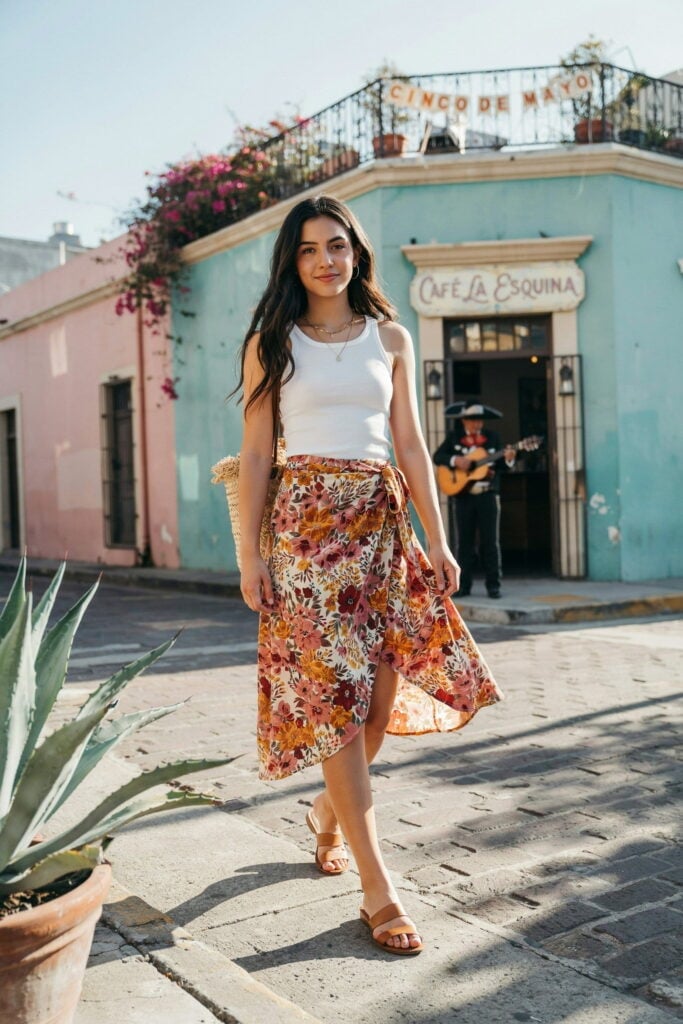 White Tank Top with Floral Wrap Skirt — Trendy Sunset Outfit