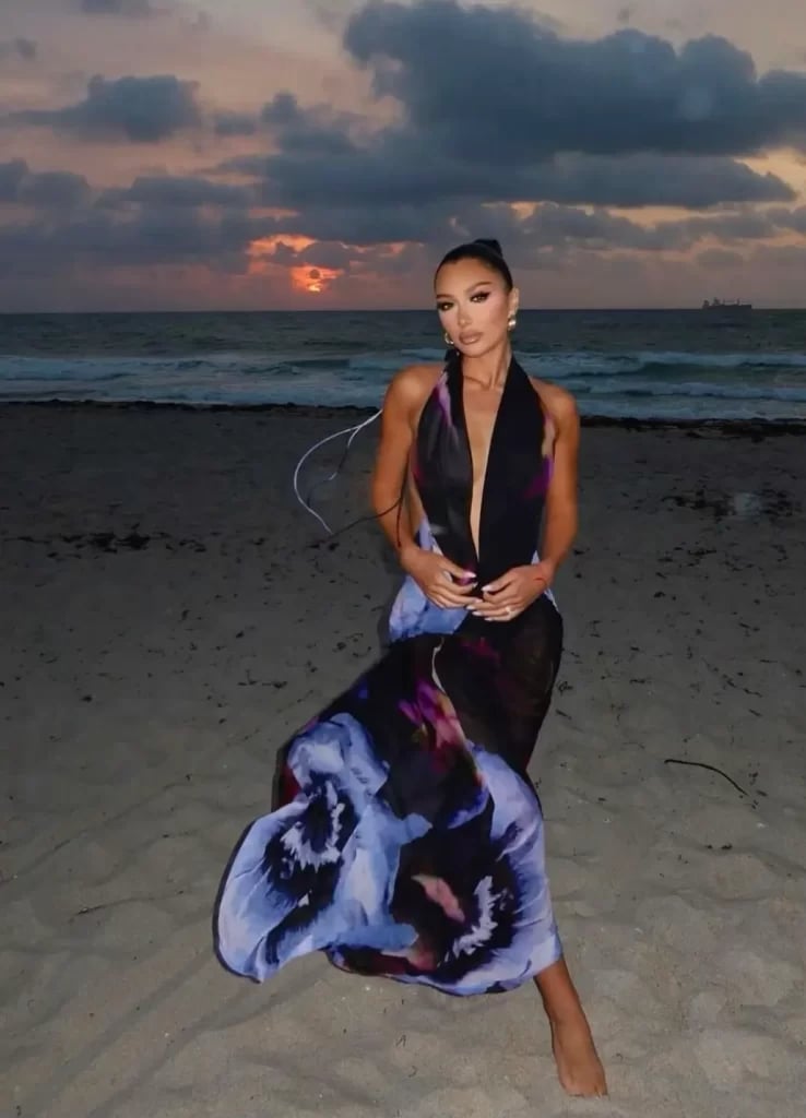 Floral Print Halter Maxi Dress on the Beach — Trendy Sunset Outfit