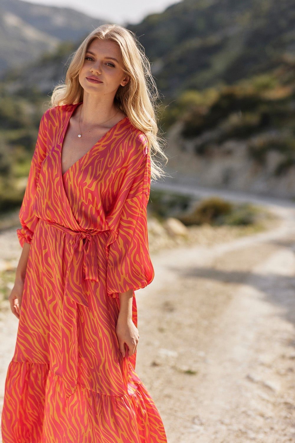 Zebra Print Wrap Dress with Flowing Sleeves — Trendy Sunset Outfit