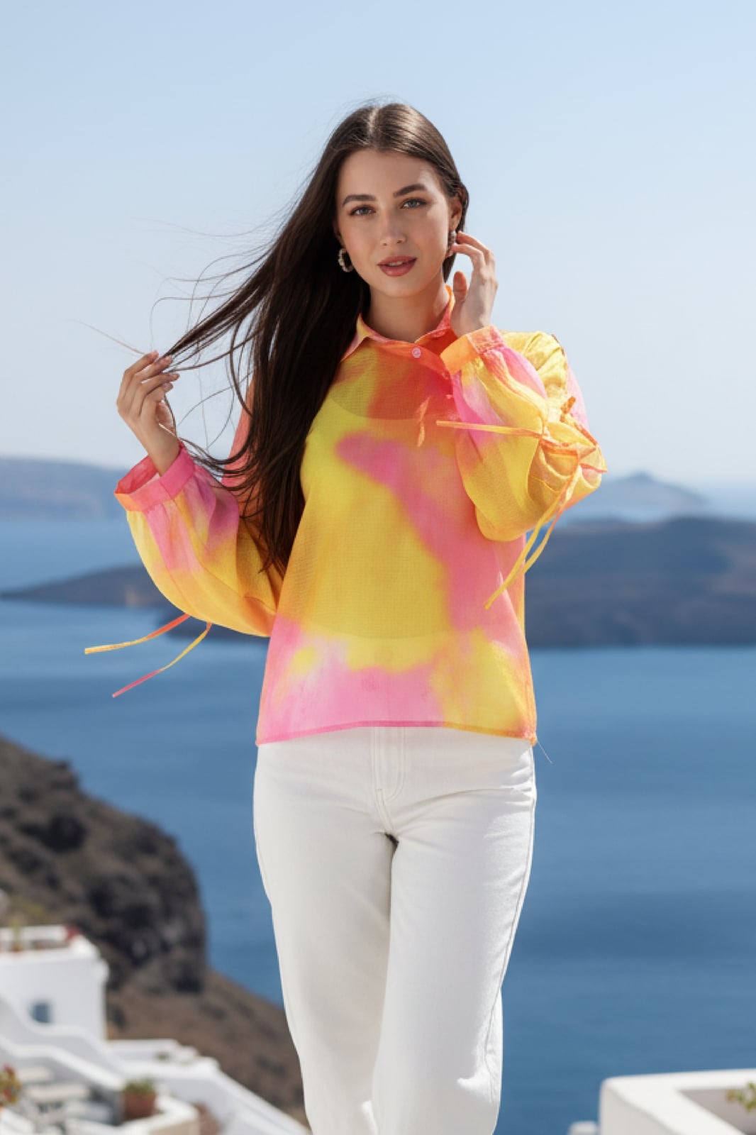 Sheer Tie-Dye Blouse with White Wide-Leg Pants — Trendy Sunset Outfit