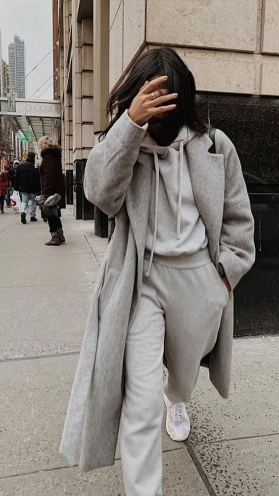 Long Wool Coat Over Grey Sweatsuit Long Wool Coat Over Grey Sweatsuit — Trendy Sweatpants Outfits