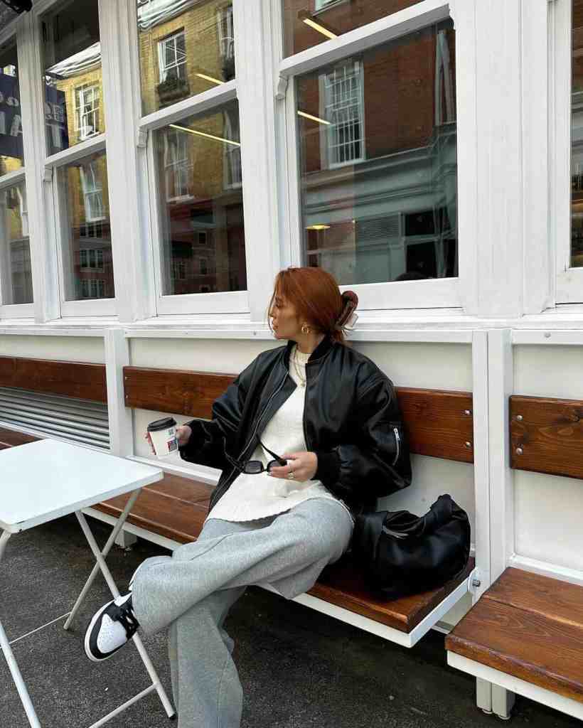 Bomber Jacket Adds a Sporty Touch to Grey Sweatpants, Close-Up Take Bomber Jacket Adds a Sporty Touch to Grey Sweatpants, Close-Up Take — Trendy Sweatpants Outfits