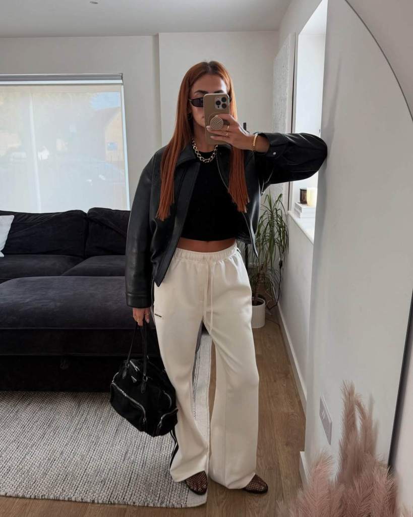 Leather Jacket and Mesh Flats with Cream Sweatpants and Black Crop Top Leather Jacket and Mesh Flats with Cream Sweatpants and Black Crop Top — Trendy Sweatpants Outfits