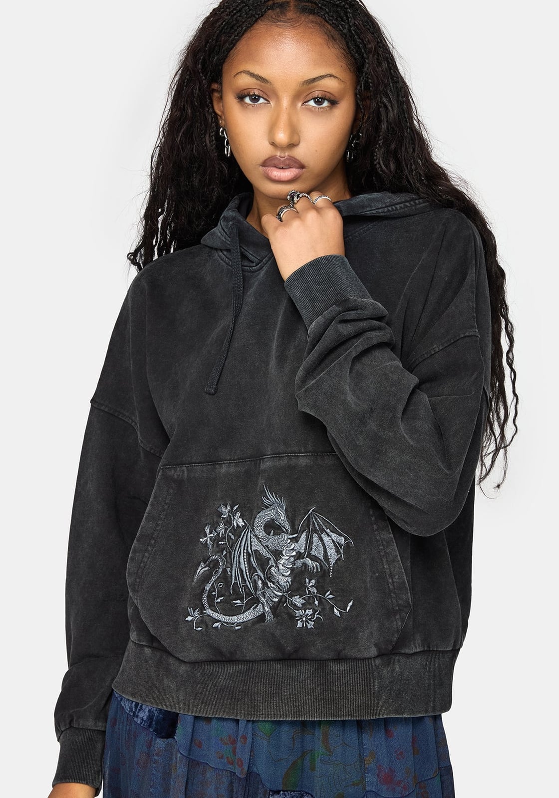 Black Dragon Graphic Hoodie with Dark Blue Skirt — Trendy Sweatshirt Outfits Women