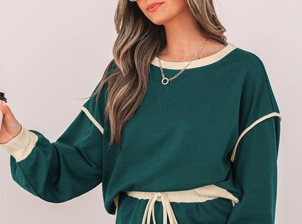 Teal Sweatshirt with Cream Trim and Contrast Stitching — Trendy Sweatshirt Outfits Women