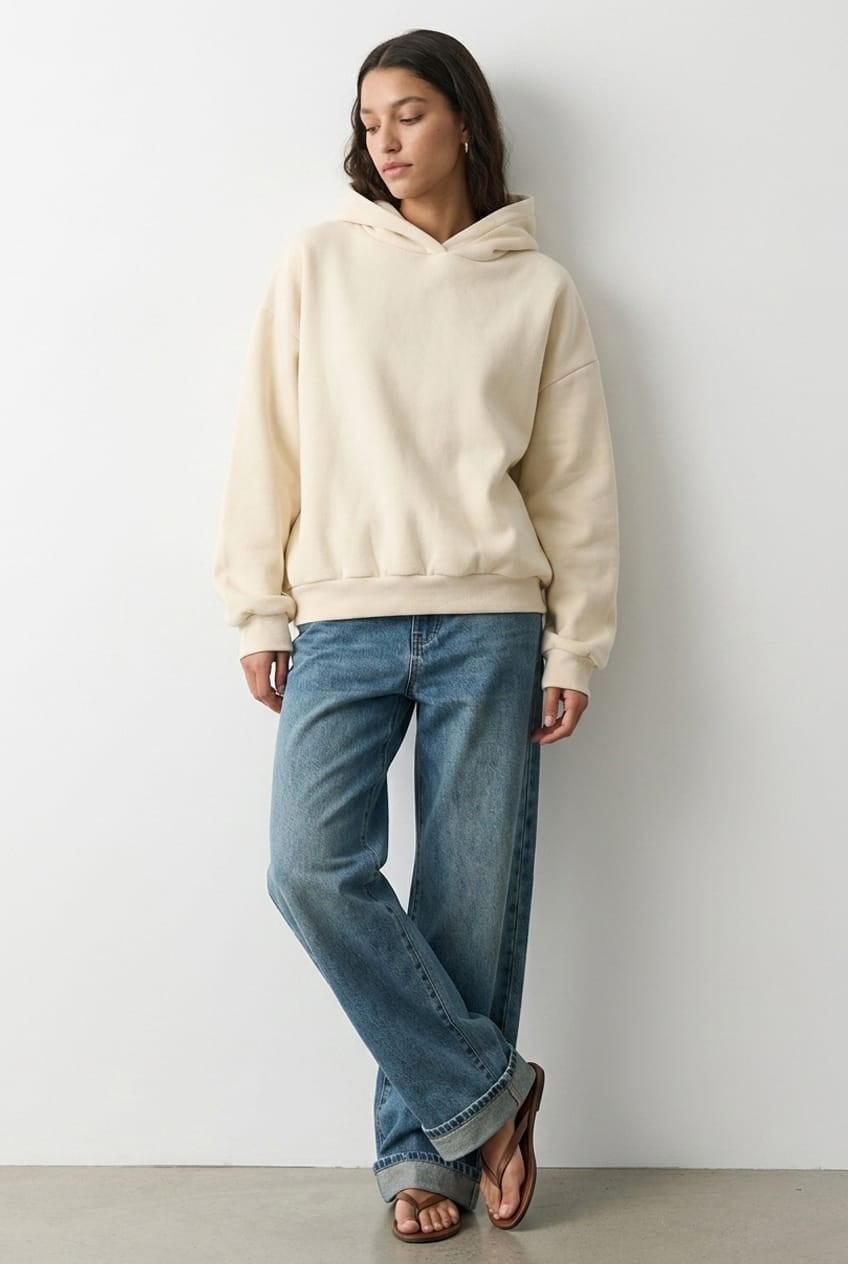 Cream Hoodie Sweater with Blue Jeans — Trendy Sweatshirt Outfits Women