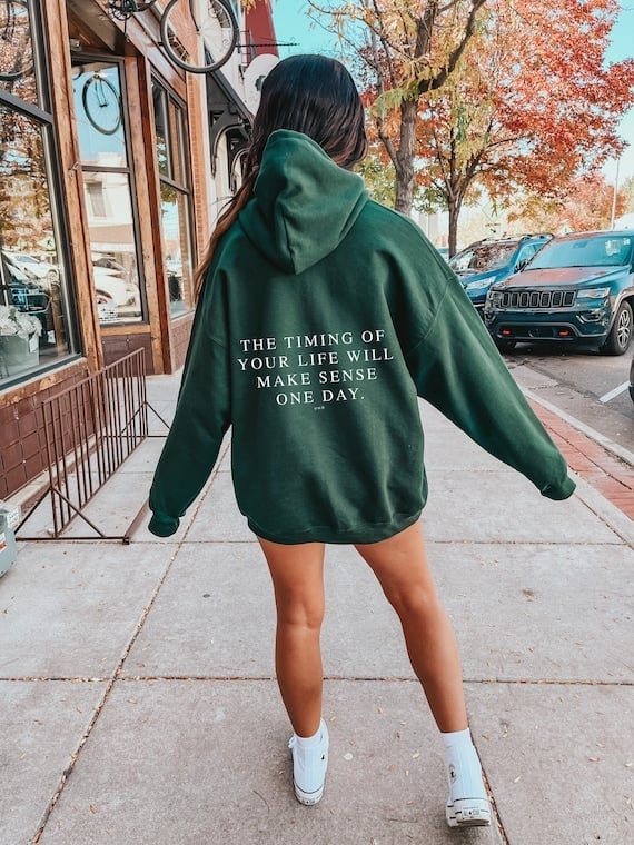 Dark Green Hoodie with White Graphic Text — Trendy Sweatshirt Outfits Women