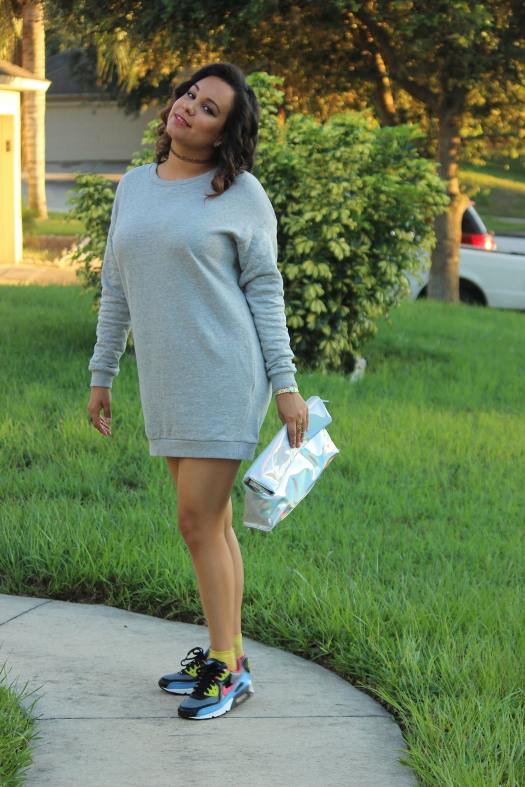 Grey Oversized Sweatshirt Dress with Athletic Sneakers — Trendy Sweatshirt Outfits Women