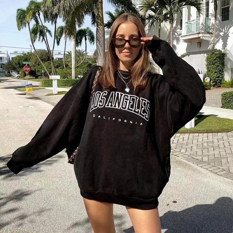 Black Graphic Sweatshirt with Mini Shorts — Trendy Sweatshirt Outfits Women