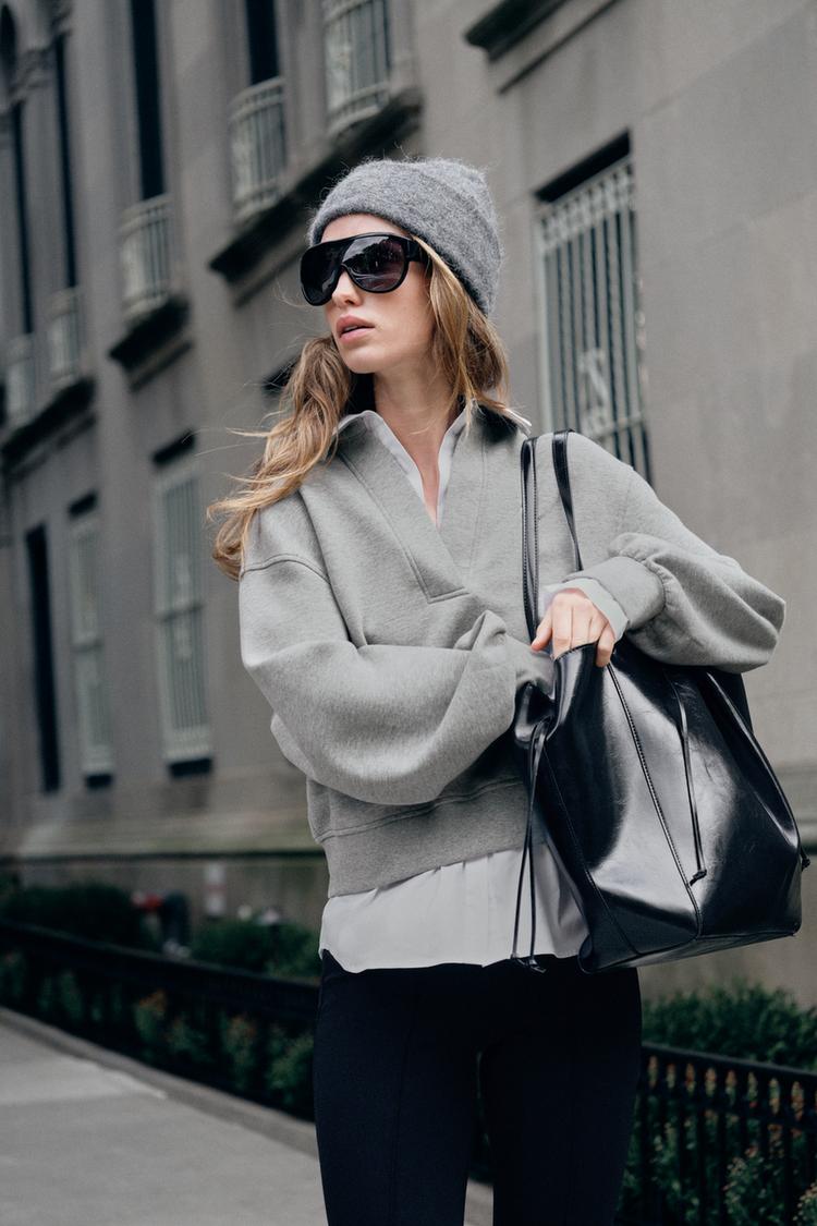 Grey Cropped Sweatshirt Over Collared Shirt with Black Pants — Trendy Sweatshirt Outfits Women