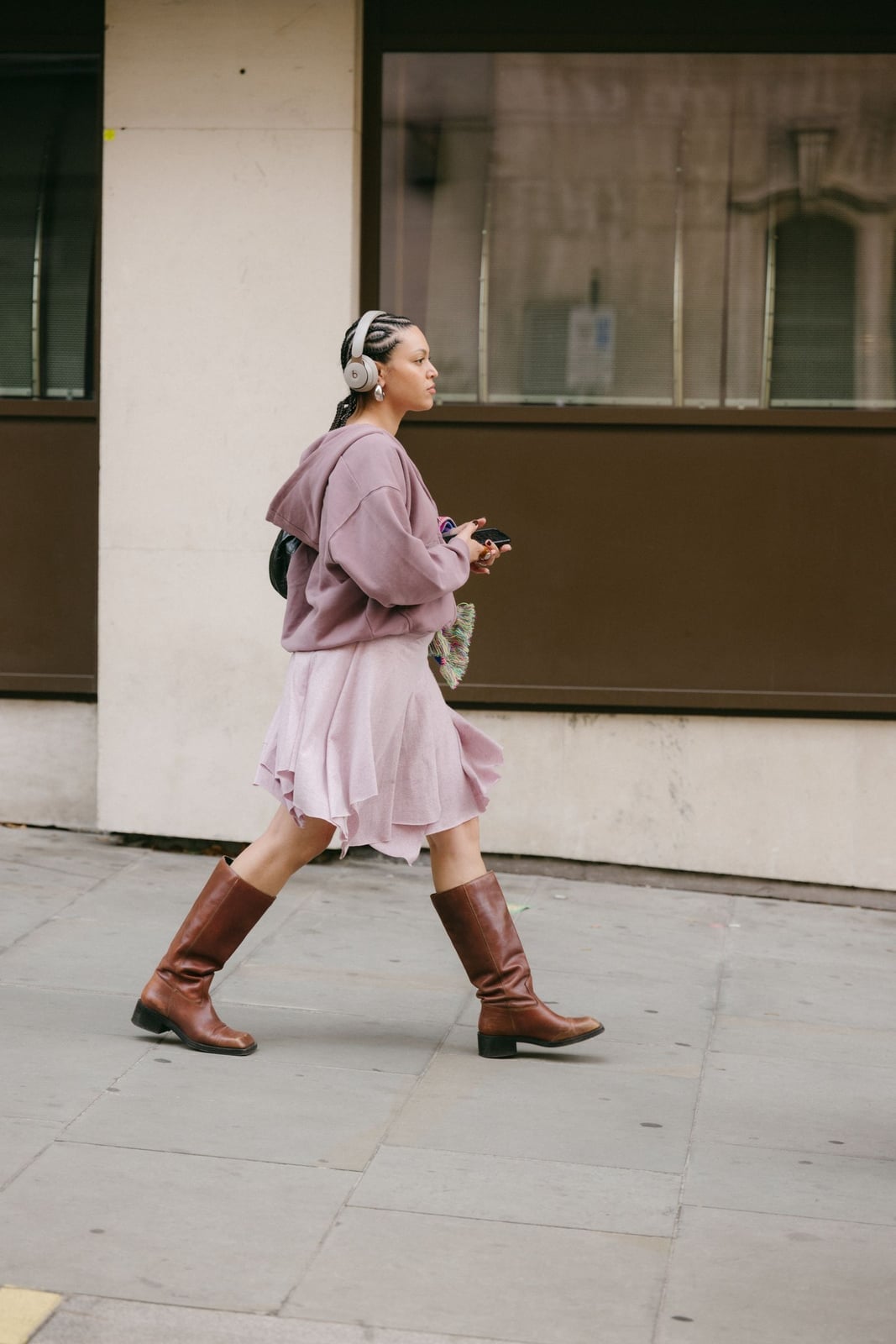 Pastel Lilac Hoodie with Flowy Pink Skirt — Trendy Sweatshirt Outfits Women