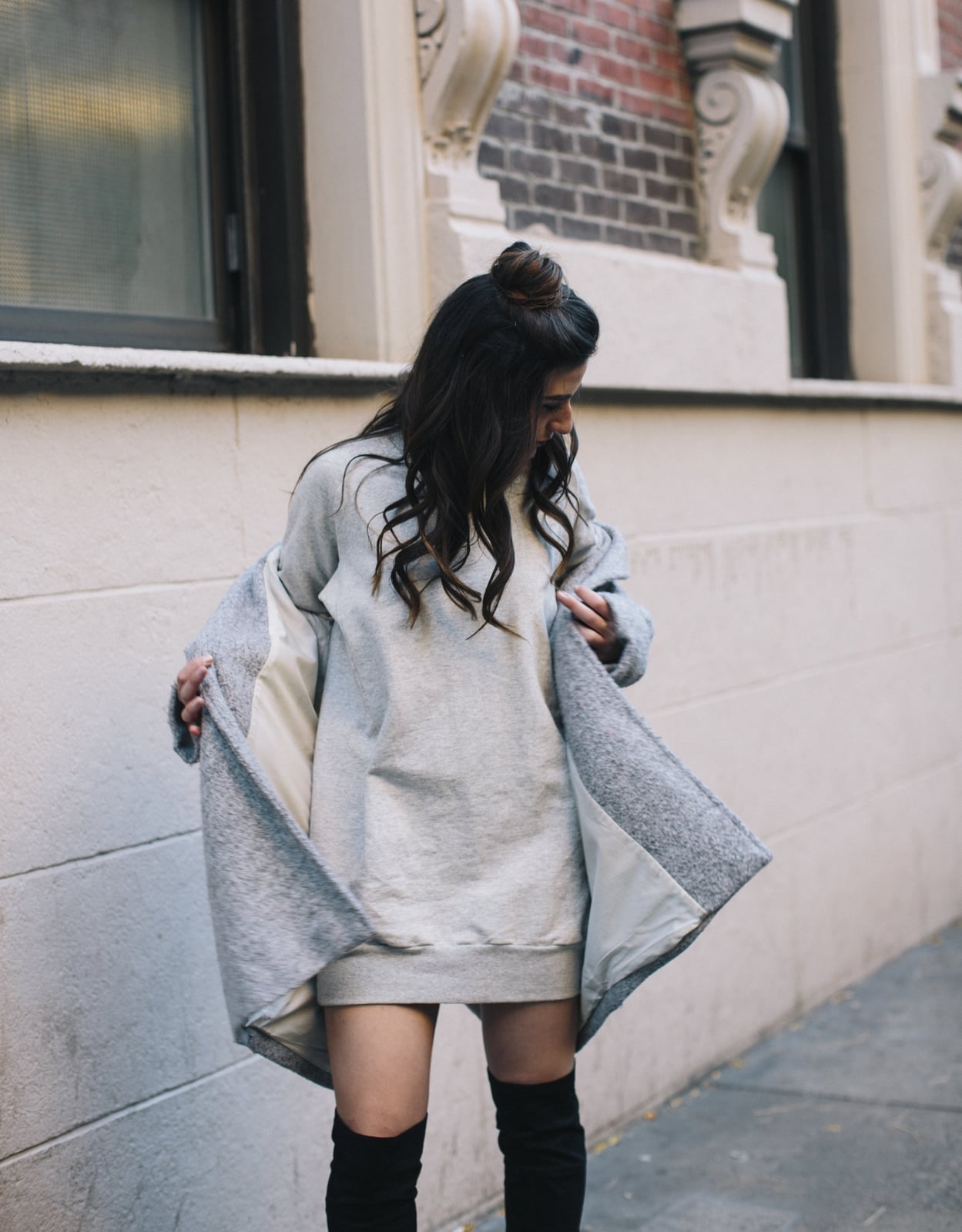 Monochromatic Grey Sweatshirt Dress with Coat and Boots — Trendy Sweatshirt Outfits Women