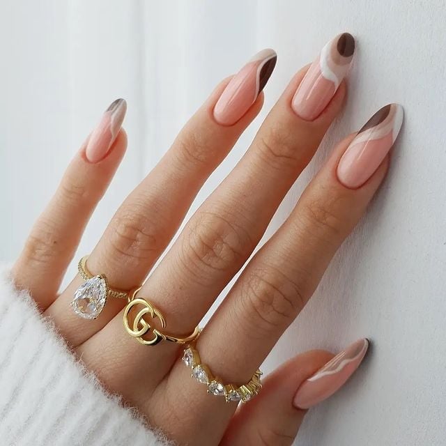 Brown and Beige Swirls on Long Almond — Trendy Swirl Nails