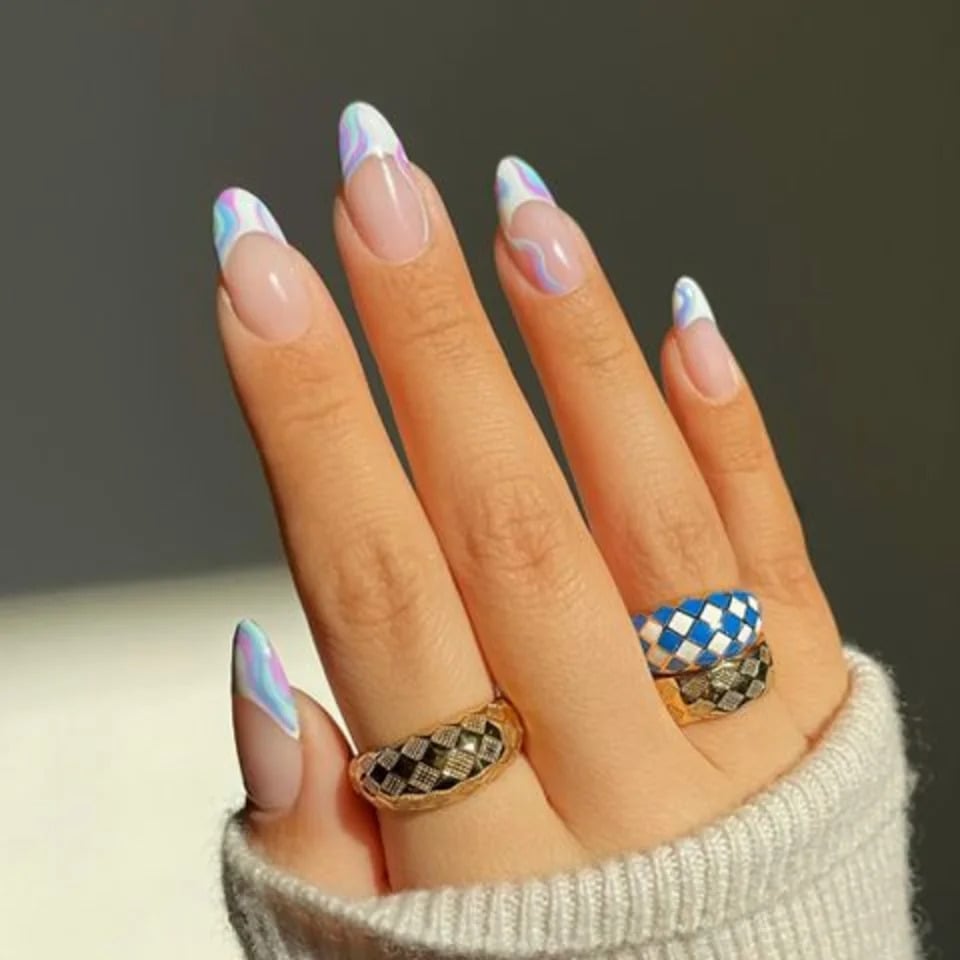 Vibrant Purple Pink White Swirls on Long Almond — Trendy Swirl Nails