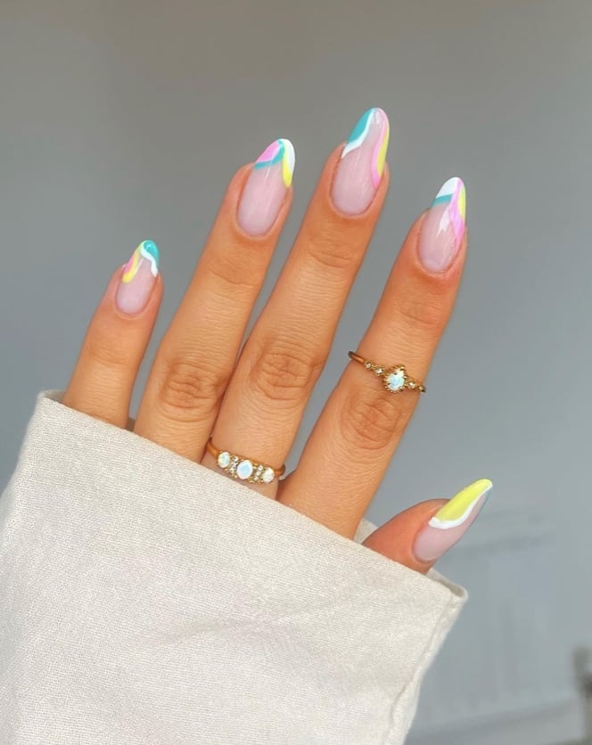 Soft Pastel Swirls on Medium Almond — Trendy Swirl Nails