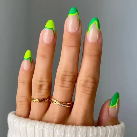 Neon Green Swirl Tips on Matte Almond — Trendy Swirl Nails