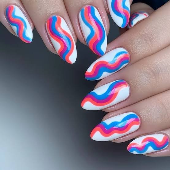 White Base with Multi-Color Wavy Swirls, Close-Up Take — Trendy Swirl Nails