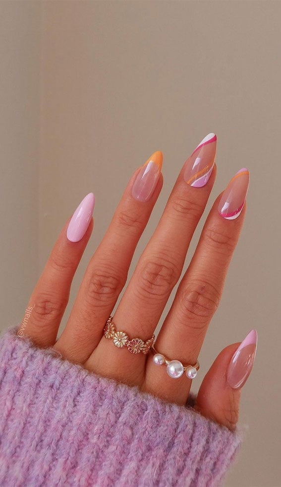 Vibrant Swirl French Tips on Long Almond — Trendy Swirl Nails