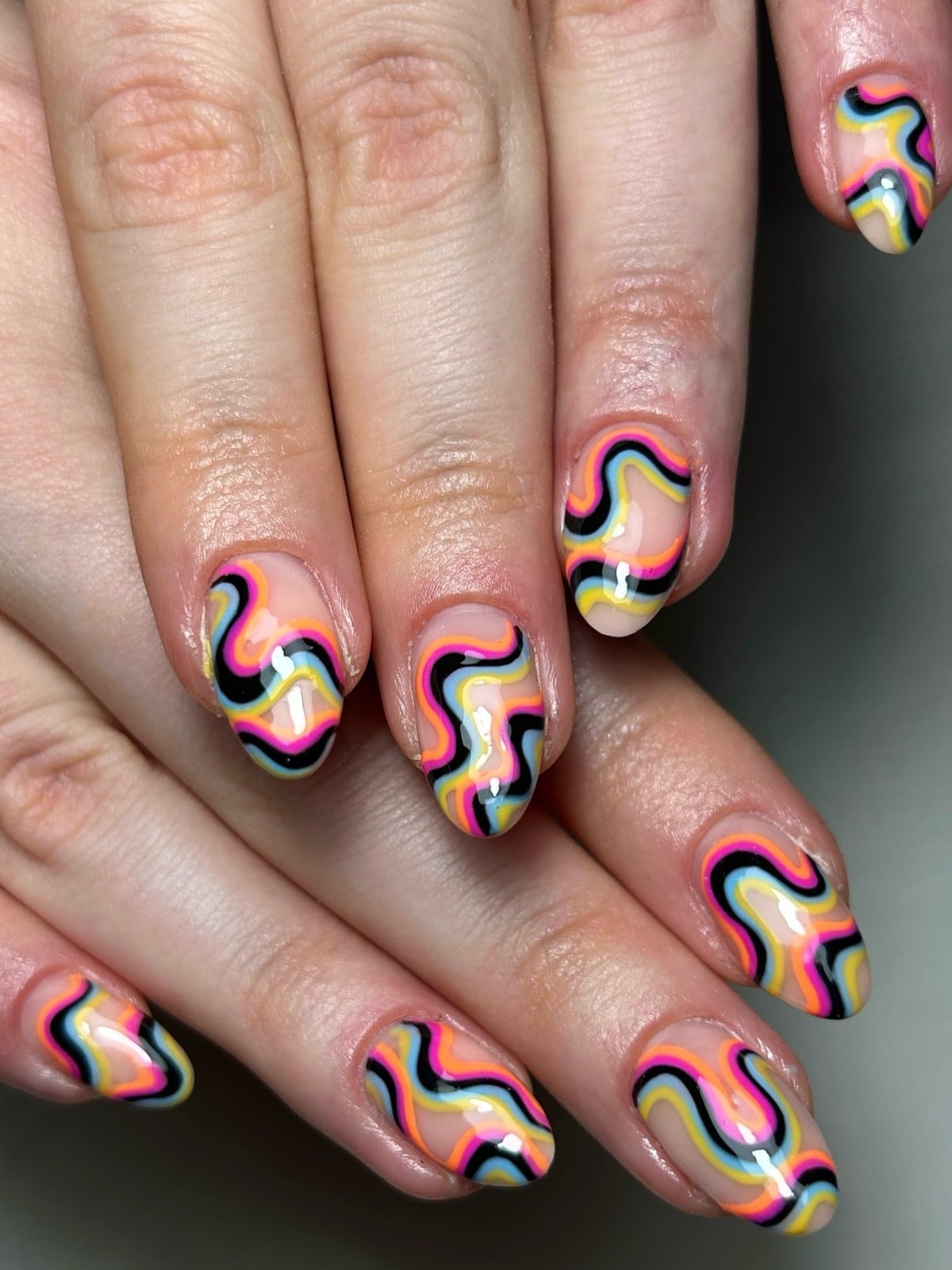 Neon Swirls on Short Almond Nails — Trendy Swirl Nails