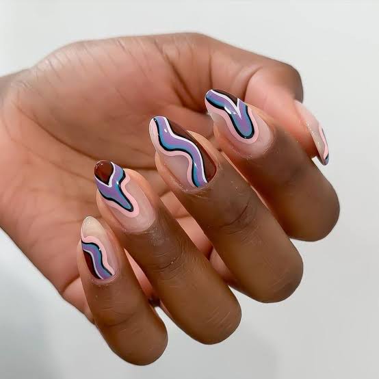 Contrasting Wavy Lines on Medium Almond — Trendy Swirl Nails