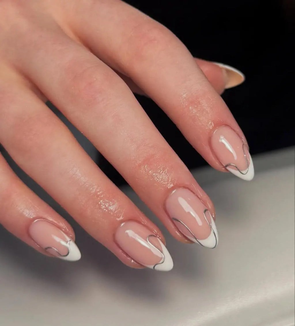 Silver Swirl Detail on French Tip Nails — Trendy Swirl Nails