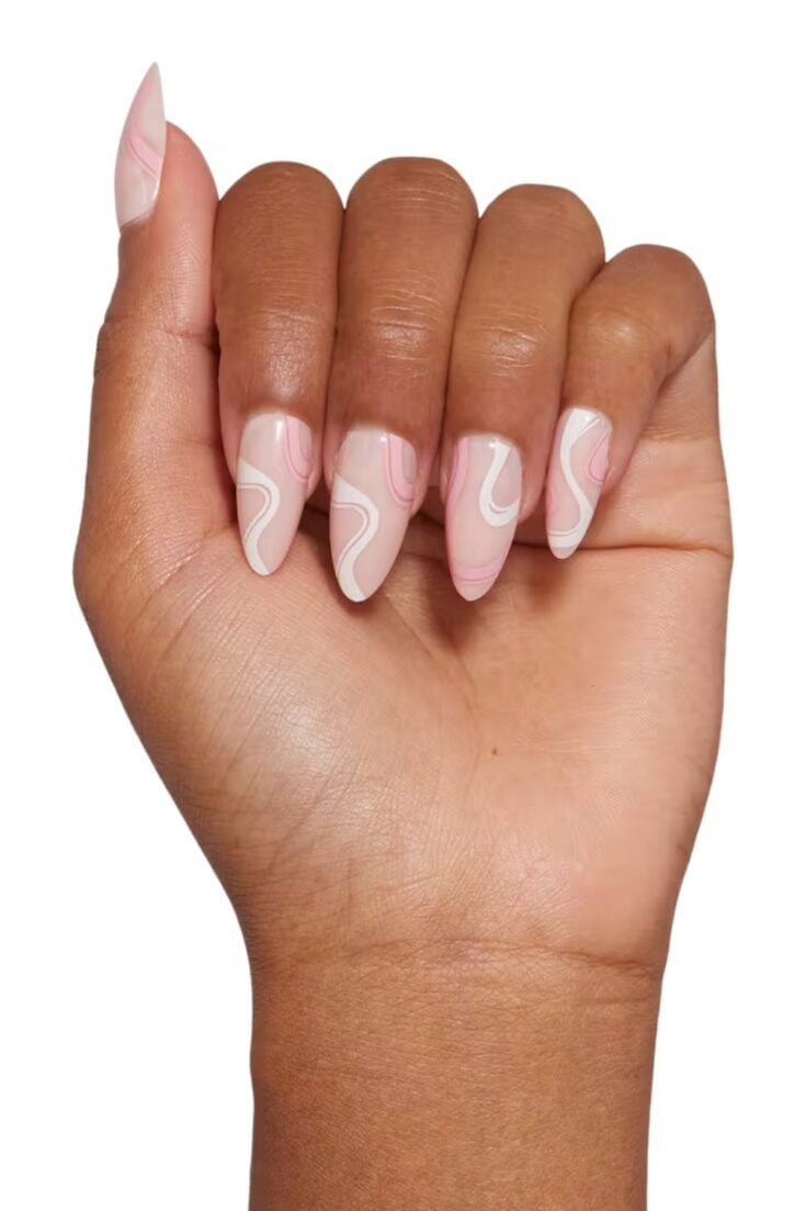 Soft Pink and White Swirls on Medium Almond — Trendy Swirl Nails