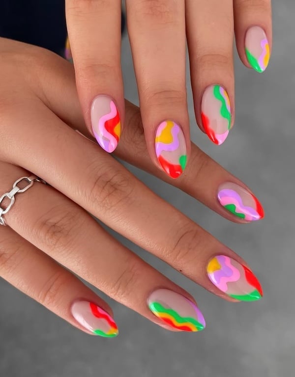 Vibrant Abstract Swirls on Medium Almond — Trendy Swirl Nails