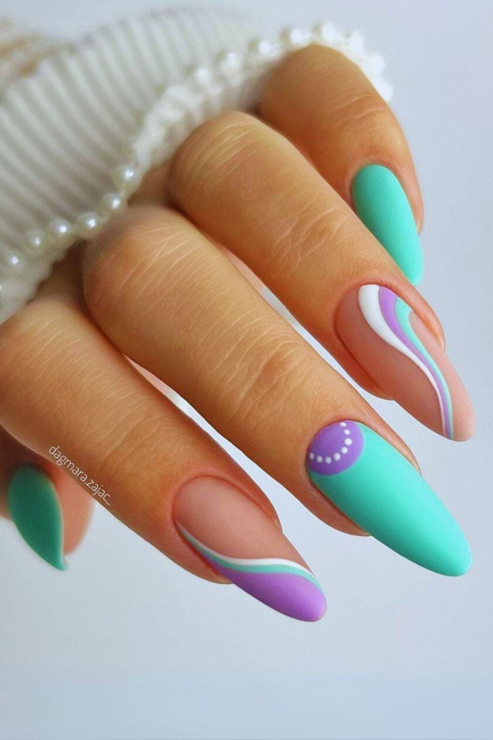 Matte and Glossy Swirls on Long Almond — Trendy Swirl Nails