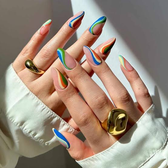 Rainbow Swirls on Medium Almond Nails — Trendy Swirl Nails