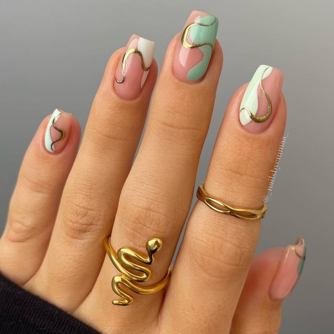 Nude Base with Mint Green and Gold Swirls — Trendy Swirl Nails