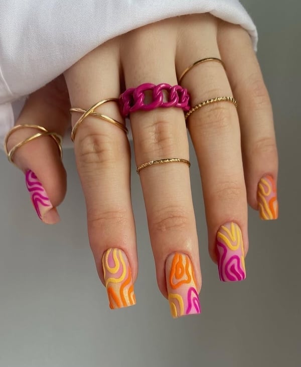 Multi-Color Swirls on Medium Square Nails — Trendy Swirl Nails