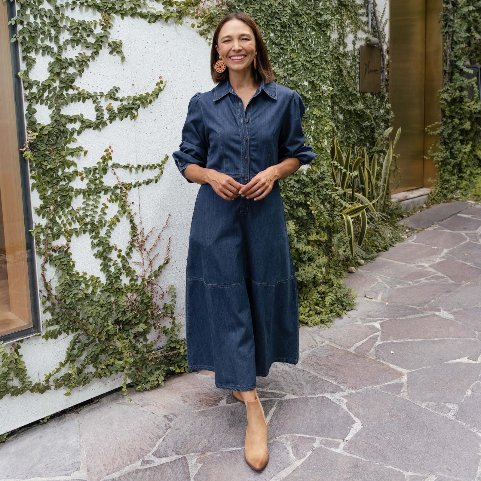 Dark Blue Denim Dress with Tan Ankle Boots Dark Blue Denim Dress with Tan Ankle Boots — Trendy Teacher Outfits Elementary